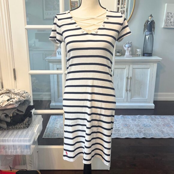 Ralph Lauren Sport Blue White Striped Cord Tie V Neck Nautical Dress S - Picture 1 of 6